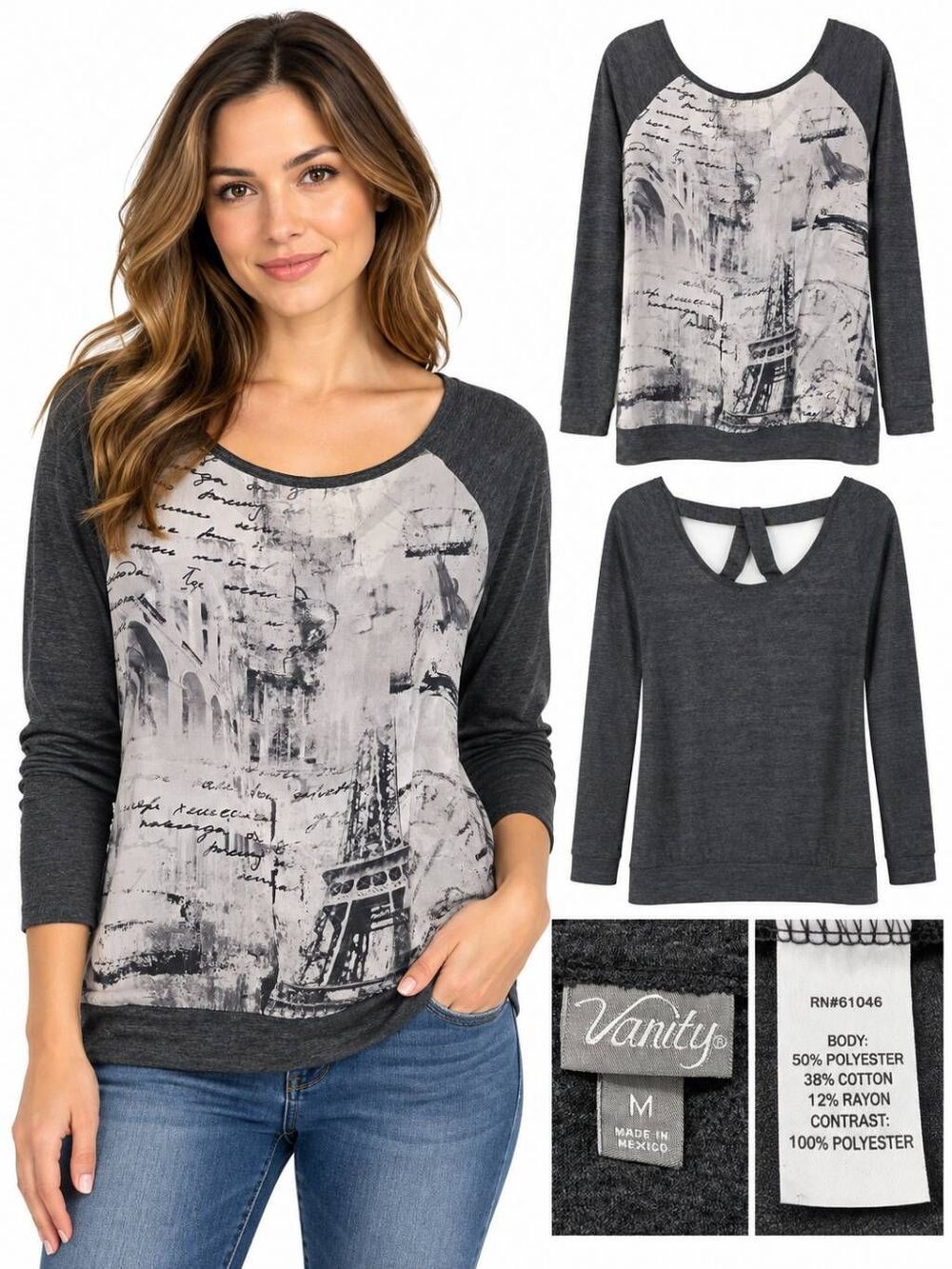 Vanity M Paris Eiffel Graphic Raglan Cutout Back Top